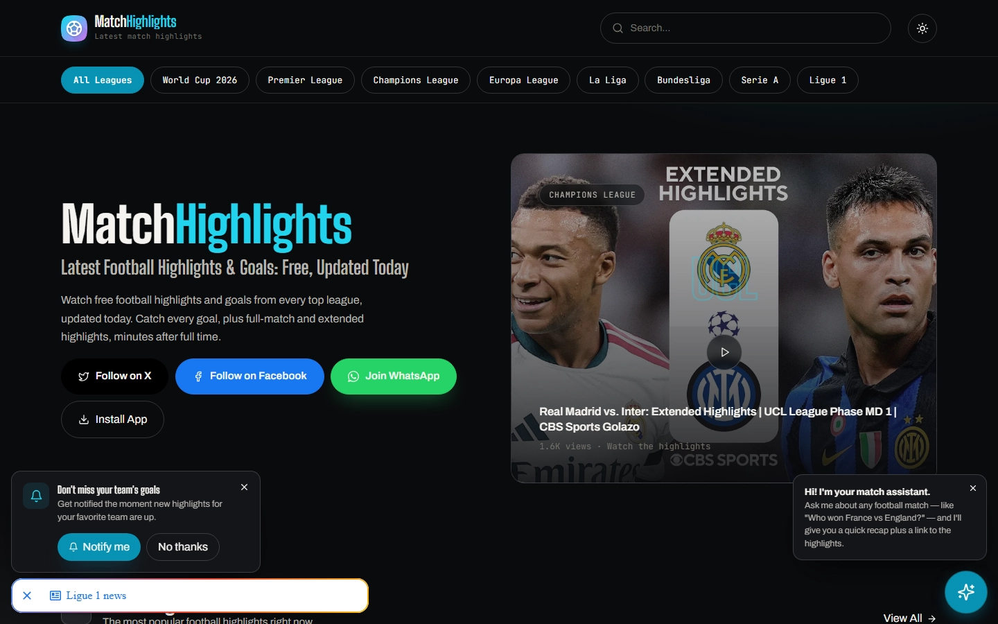Match Highlights home: league nav, a featured extended-highlights video, and an AI match assistant